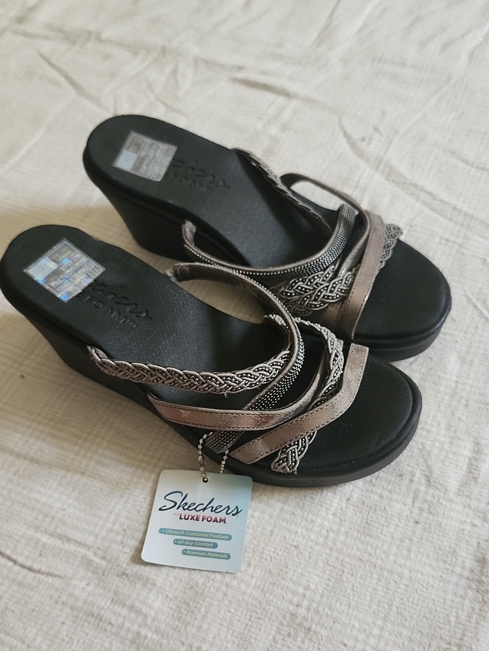 Skechers Wedge Sandals in Black and Metallic Taupe Straps
